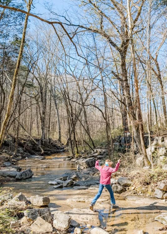 A child in a pink jacket steps across a shallow rocky creek surrounded by trees on a forest trail in Huntsville, Alabama. The gentle stream crossing adds a fun and interactive element to a kid friendly hiking experience.