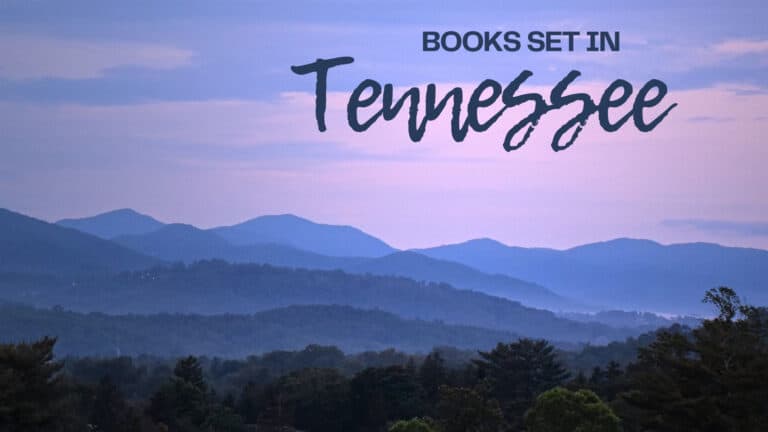 Layers of blue and purple mountains stretch across the Tennessee landscape beneath a soft pink and lavender sunset sky, with dark green trees filling the foreground. Large text across the upper right reads "Books Set in Tennessee" introducing a collection of books that take place in the state.