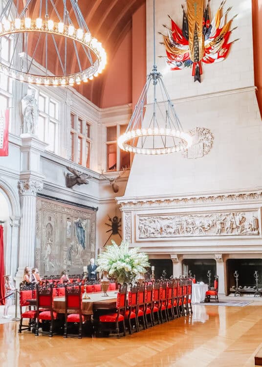 The grand dining hall of the Biltmore Estate features a long wooden table surrounded by red velvet chairs, a massive carved stone fireplace, and ornate medieval-style chandeliers hanging from a vaulted ceiling. Tapestries, statues, and a display of colorful heraldic flags complete the opulent, castle-like interior.