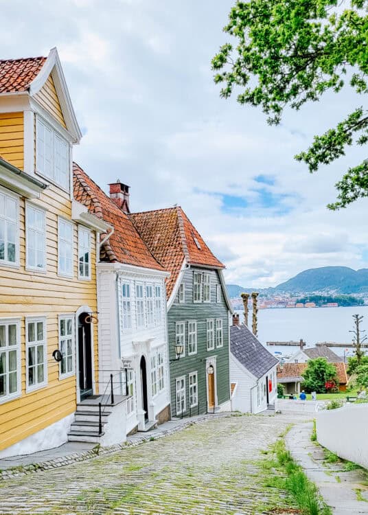 A cobblestone street lined with historic wooden houses painted yellow, white, and sage green slopes down toward a waterfront. The homes have white trim and red tiled roofs, and leafy tree branches frame the scene. In the distance, calm water and low mountains are visible under a cloudy sky.