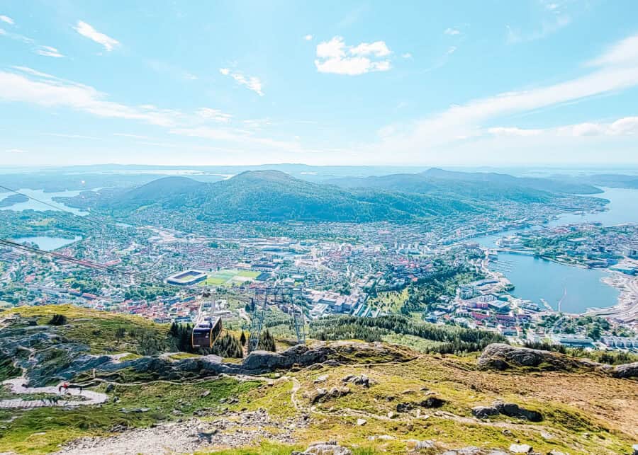 Panoramic view from Mount Ulriken overlooking Bergen, Norway, with a cable car descending the rocky mountainside and the coastal cityโs harbors, bridges, and neighborhoods spreading out between surrounding green hills under a bright blue sky.
