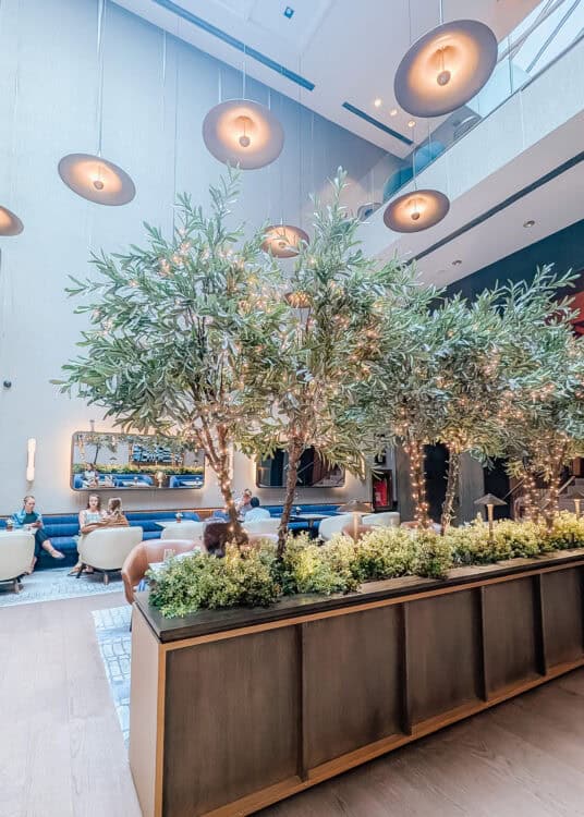 Lobby at Thompson Central Park New York with tall indoor trees wrapped in warm string lights and modern circular pendant lights hanging from the high ceiling. Guests sit among blue and cream lounge seating behind a large planter filled with greenery.