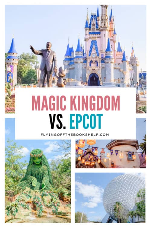 Collage comparing Magic Kingdom vs EPCOT with Cinderella Castle, Spaceship Earth, Rapunzel themed lanterns, and the Te Fiti topiary from Moana. Bold text reading "Magic Kingdom vs. EPCOT" appears in the center above the website name "FLYINGOFFTHEBOOKSHELF.COM."