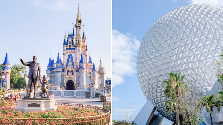 Side by side comparison of Magic Kingdom vs EPCOT featuring Cinderella Castle with the Walt Disney and Mickey statue on the left and the white geodesic Spaceship Earth sphere on the right. Bright blue skies, palm trees, and iconic Disney landmarks highlight the different atmospheres of the two Disney World parks.