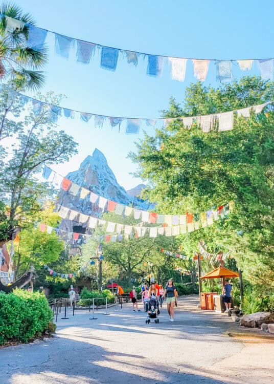 Colorful prayer flags hang overhead along a tree-lined walkway in Disneyโs Animal Kingdom, with Expedition Everest rising in the background as guests stroll through the park on a sunny day.