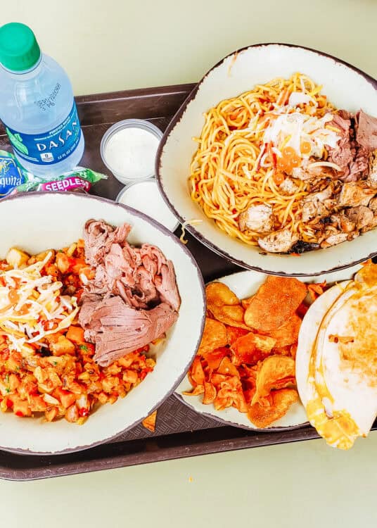 Two bowls filled with noodles and rice topped with sliced beef chicken vegetables and sauce alongside a quesadilla and seasoned chips. A bottled water and two cups of dipping sauce sit on the tray beside the meal.