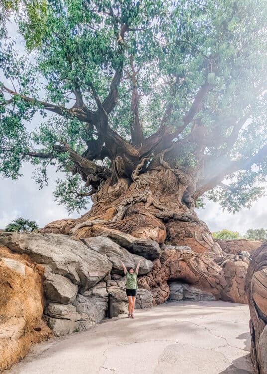 A woman in a green shirt and black shorts stands with arms raised beneath the massive Tree of Life at Disney's Animal Kingdom. The tree features intricately carved animals in its bark, with lush green leaves spreading overhead and rocky surroundings at the base.
