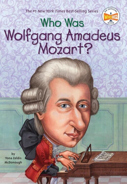 Cover of Who Was Wolfgang Amadeus Mozart? by Yona Zeldis McDonough, part of the Who HQ series, featuring a caricature-style illustration of Mozart with an oversized head and powdered wig, playing a harpsichord. He wears an ornate red coat with ruffles, seated against a pastel wallpaper background, capturing a playful yet informative tone for young readers.