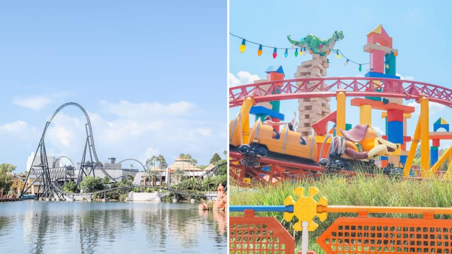 A split image shows two theme park scenes: a large steel roller coaster looping over a lagoon at Universal Orlando on the left, and the colorful Slinky Dog Dash roller coaster winding through toy-themed structures at Disneyโs Hollywood Studios on the right.