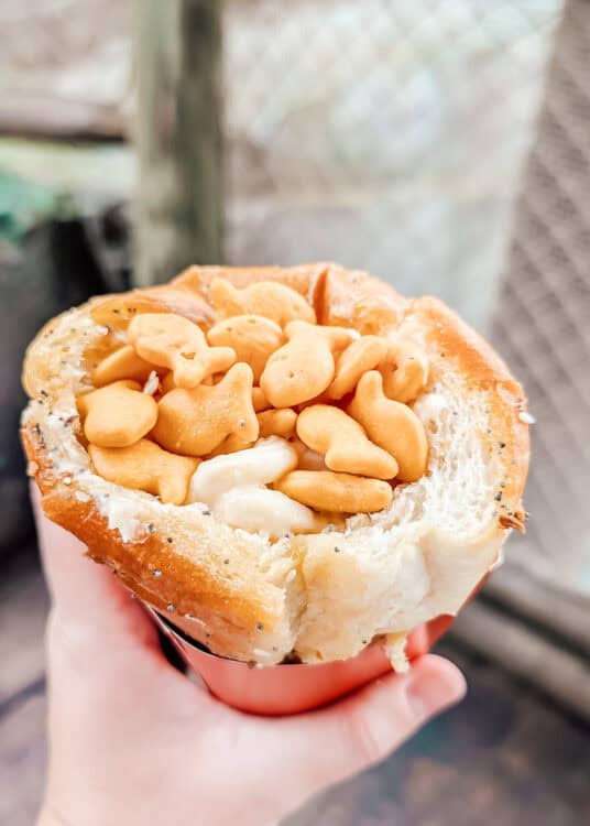 Close-up of a bread bowl filled with creamy mac and cheese and topped with a generous handful of cheddar Goldfish crackers. The soft, seeded bread has a golden crust, and the dish is held in one hand against a blurred outdoor background.