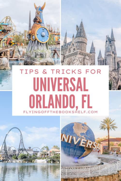 A collage of Universal Orlando scenes including a Viking statue at Epic Universe, Hogwarts castle, a looping roller coaster over the lagoon, and the Universal globe with the text โTips & Tricks for Universal Orlando, FLโ and โflyingoffthebookshelf.com.โ