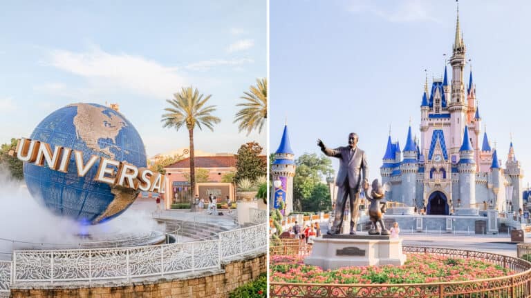 A split image shows the Universal Studios globe fountain on the left and the statue of Walt Disney and Mickey Mouse in front of Cinderella Castle at Magic Kingdom on the right.