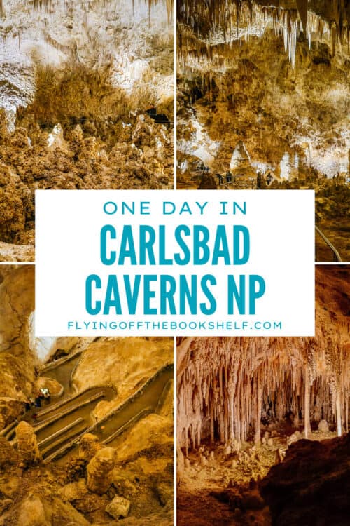 A collage of Carlsbad Caverns formations shows stalactites, stalagmites, and winding cave paths with text reading โONE DAY IN CARLSBAD CAVERNS NPโ and โFLYINGOFFTHEBOOKSHELF.COM.โ The layout highlights key sights featured in a Carlsbad Caverns itinerary.