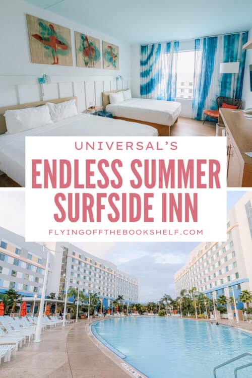 Collage featuring a bright hotel room with two beds and a large resort pool framed by modern buildings, overlaid with text that reads "UNIVERSALโS ENDLESS SUMMER SURFSIDE INN" and "FLYINGOFFTHEBOOKSHELF.COM." The design highlights key features of the stay in this endless summer surfside review.