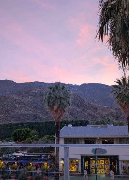 Pink and lavender sunset clouds stretch above the San Jacinto Mountains as palm trees and low-rise buildings create a classic Palm Springs skyline. Viewed from an elevated terrace behind a metal railing, the scene captures the peaceful desert atmosphere at dusk.