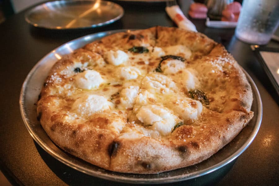 Cheese pizza topped with dollops of ricotta and fresh basil on a metal serving tray. The pizza has a golden bubbly crust with browned edges and melted cheese across the center.