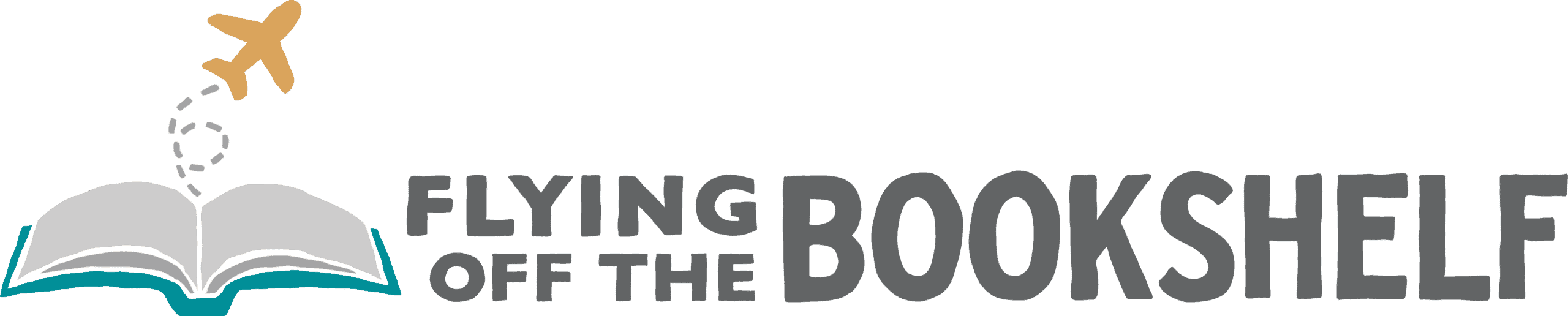 Flying Off the Bookshelf logo. Drawn open book with a plane coming out of it, indicating adventure beyond a book with text next to it reading "Flying Off the Bookshelf"
