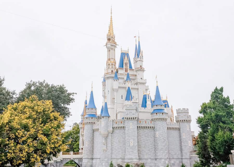 Cinderella Castle at Magic Kingdom in Walt Disney World rises above the surrounding trees beneath an overcast sky. The iconic Disney castle features pale gray stone walls, blue turret roofs, and ornate golden spires, with a stone bridge visible near its base.